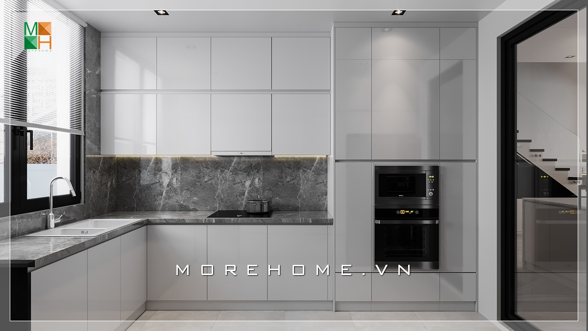 Mẫu tủ bếp màu trắng gỗ Acrylic đẹp hiện đại rất tiện nghi Mẫu tủ bếp chung cư acrylic