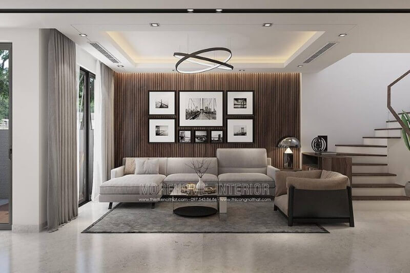 Sắp xếp phòng khách hiện đại đẹp với cách phối màu ấn tượng.