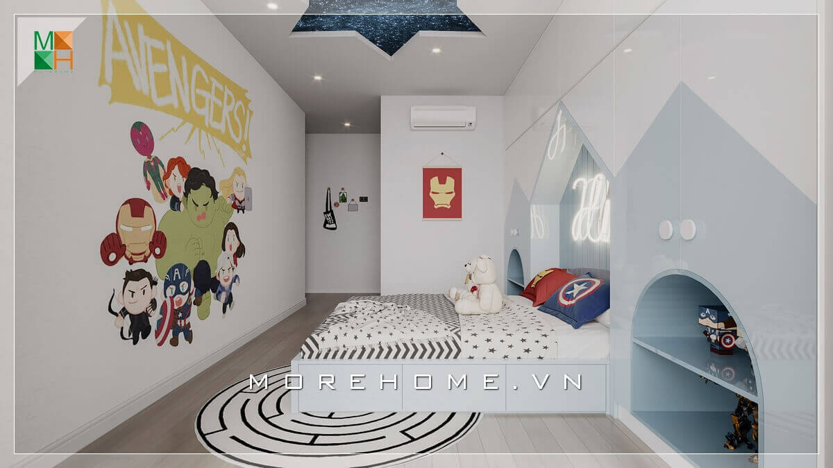 Thiết kế phòng ngủ tone màu trắng rất tinh tế với chiếc giường ngủ hiện đại màu trắng làm tăng độ sang trọng cho căn phòng của bé trai.