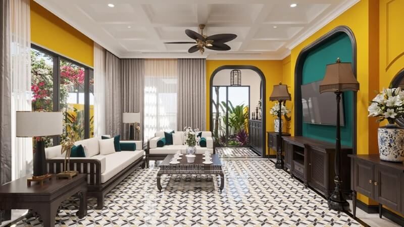 Trang trí nội thất phòng khách biệt thự đẹp với màu sắc á đông truyền thống