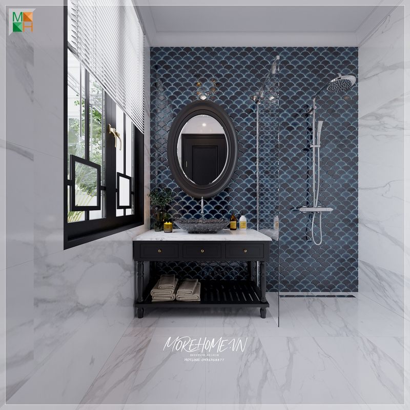 Mẫu gương treo phòng tắm hình elip với khung gỗ tự nhiên sơn đen cùng tông với tủ lavabo theo phong cách Indochine sang trọng