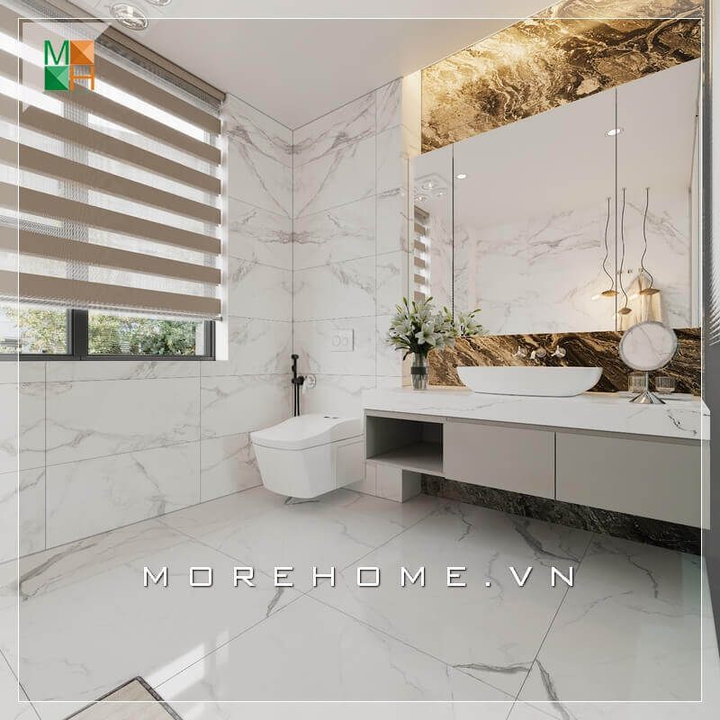 Gương chữ nhật lớn được chia ngăn theo 3 khoảng dù đơn giản những vẫn cao cấp và sang trọng, giúp không gian phòng tắm thêm rộng rãi.