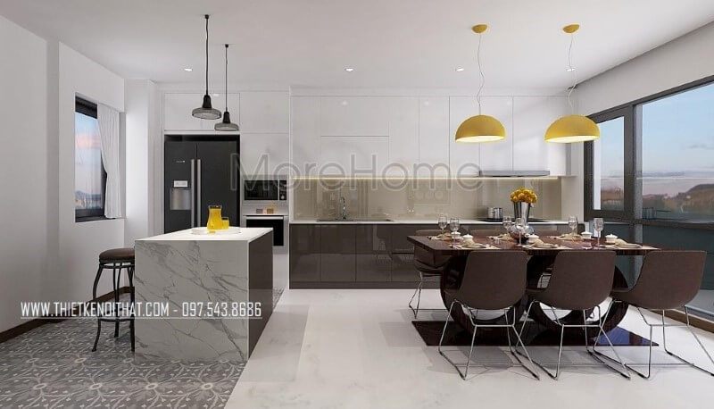 Tủ bếp đảo acrylic hiện đại lồng được bố trí khá đặc biệt với đảo bếp thiết kế theo cạnh chữ L với tủ bếp và nhường chỗ cho bộ bàn ghế ăn vừa tạo nên sự tiện nghi vừa mang lại không gian hài hòa, đẹp mắt, sang trọng.
