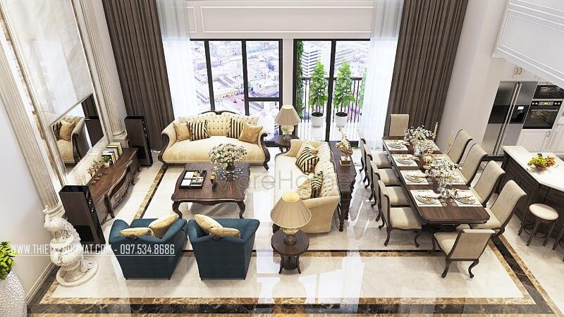 Mẫu sofa gỗ óc chó bọc nỉ phong cách tân cổ điển đẹp tại căn hộ Duplex Thanh Xuân Hà Nội