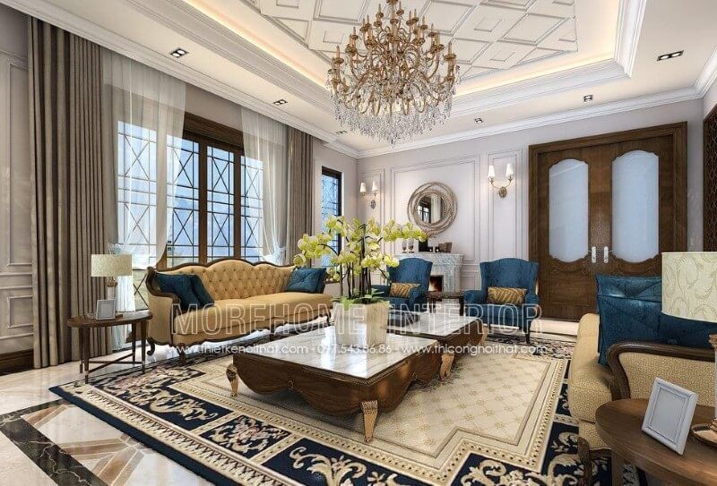 Mẫu bàn trà gỗ óc chó đẹp là điểm nhấn quan trọng trong nội thất phòng khách tân cổ điển