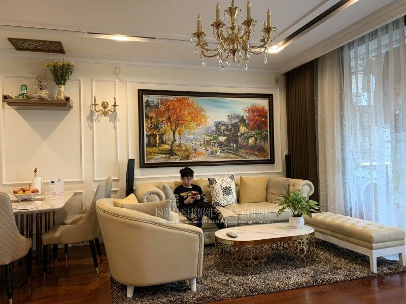 Thi công sofa phòng khách bọc da phong cách tân cổ điển đẹp tinh tế ở chung cư vinhomes nguyễn chí thanh quận đống đa hà nội