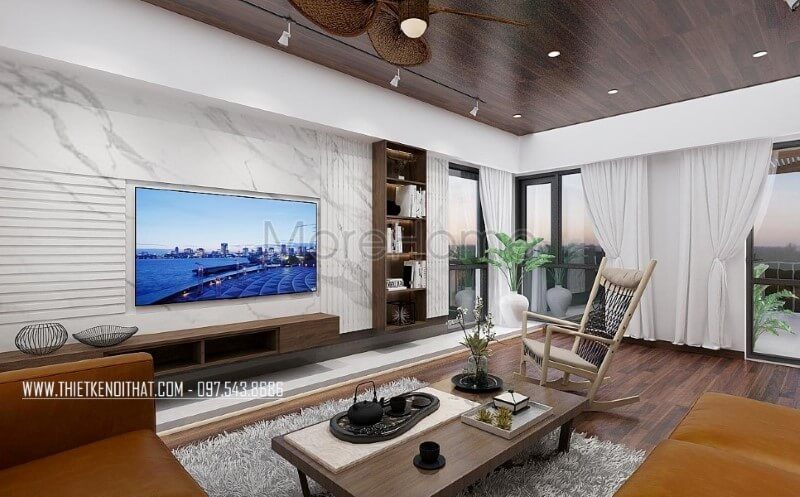 Bố trí nội thất phòng khách đẹp cho biệt thự, nhà phố với đá ốp tường vân mấy trang trí đẹp mắt, sang trọng.