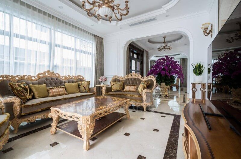 Công trình hình ảnh thi công nội thất phòng khách cổ điển luxury sang trọng ở biệt thự Vinhomes Imperia Hải Phòng