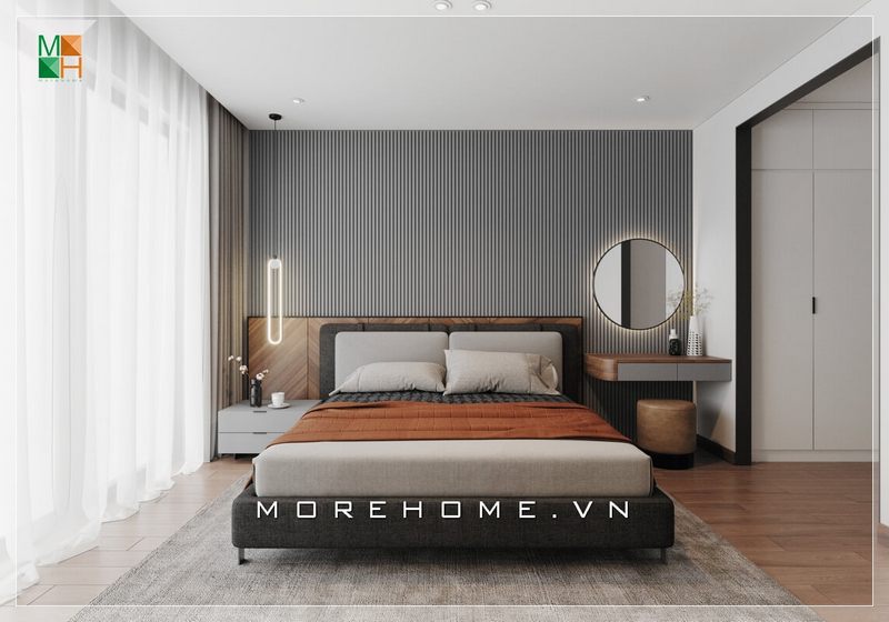 Mẫu giấy dán tường màu xám đầu giường góp phần tạo nên không gian phòng ngủ của gia chủ sự sang trọng, cao cấp và hiện đại.