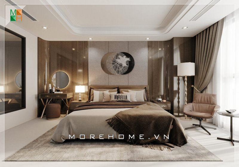 Bàn trang điểm nhỏ gọn, kết hợp với gương trang điểm hình tròn, là sự lựa chọn tuyệt vời cho không gian phòng ngủ hiện đại.